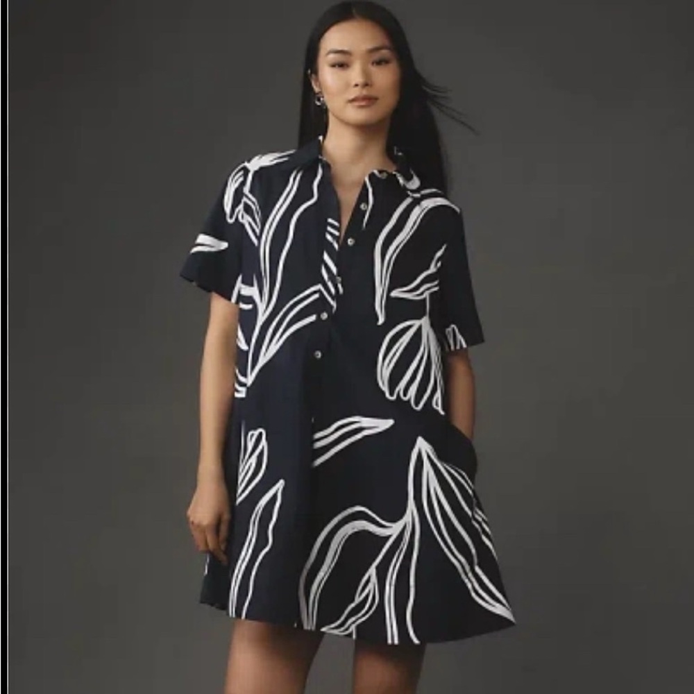 Anthropologie Navy Blue and White Tunic Swing  Dress
